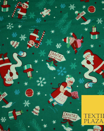 Green Santa's Workshop Festive Winceyette Soft Brushed Cotton Print Fabric 3963