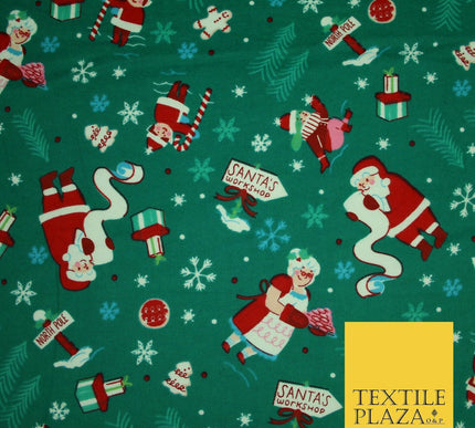 Green Santa's Workshop Festive Winceyette Soft Brushed Cotton Print Fabric 3963