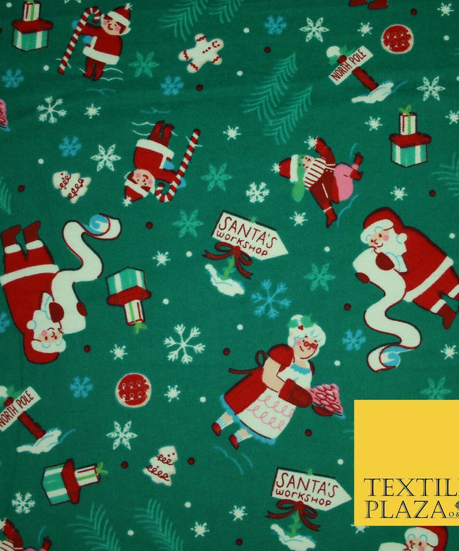 Green Santa's Workshop Festive Winceyette Soft Brushed Cotton Print Fabric 3963