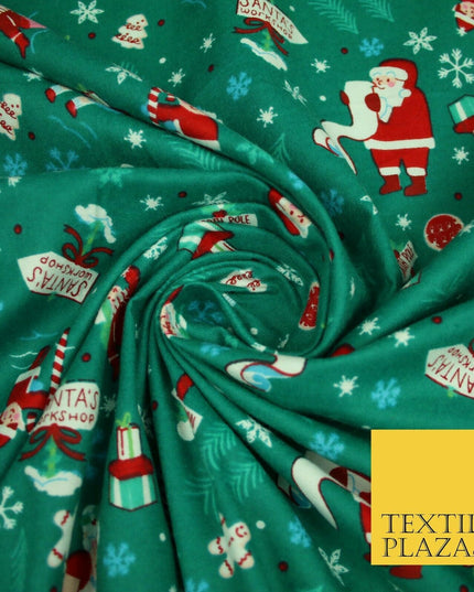 Green Santa's Workshop Festive Winceyette Soft Brushed Cotton Print Fabric 3963