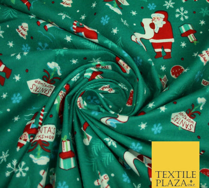 Green Santa's Workshop Festive Winceyette Soft Brushed Cotton Print Fabric 3963
