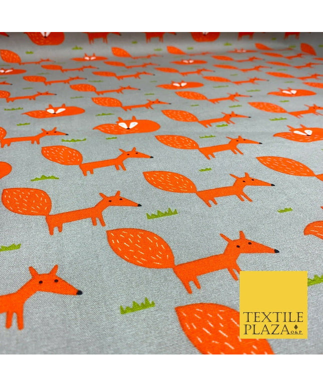 Grey Orange Sleeping Fox 100% COTTON CANVAS Printed Fabric Craft 58" 1708