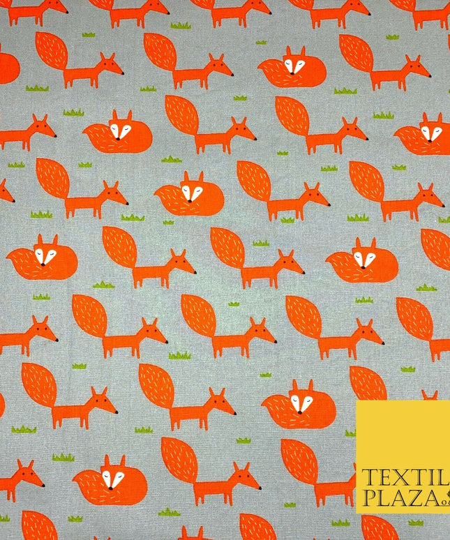 Grey Orange Sleeping Fox 100% COTTON CANVAS Printed Fabric Craft 58" 1708