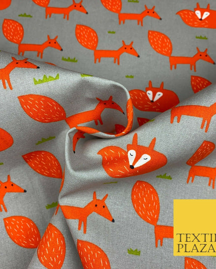 Grey Orange Sleeping Fox 100% COTTON CANVAS Printed Fabric Craft 58" 1708
