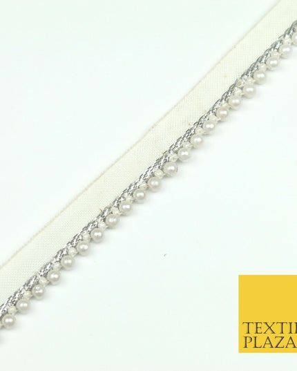 White Silver Pearl Beaded Trimming Border Ribbon Ethnic Gota Edging X304