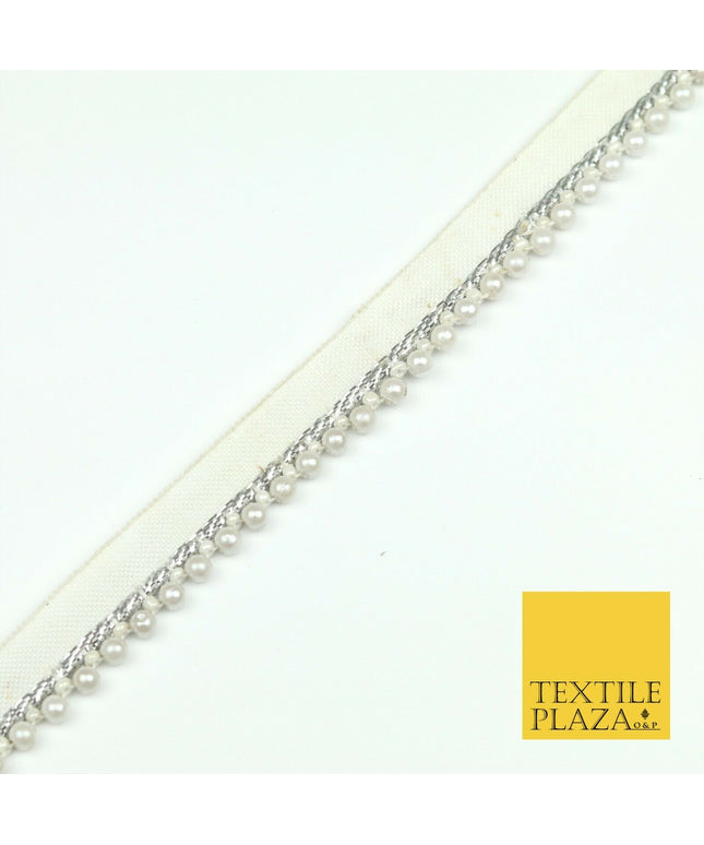 White Silver Pearl Beaded Trimming Border Ribbon Ethnic Gota Edging X304