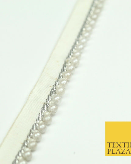 White Silver Pearl Beaded Trimming Border Ribbon Ethnic Gota Edging X304