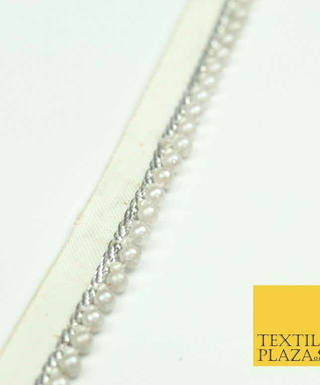 White Silver Pearl Beaded Trimming Border Ribbon Ethnic Gota Edging X304
