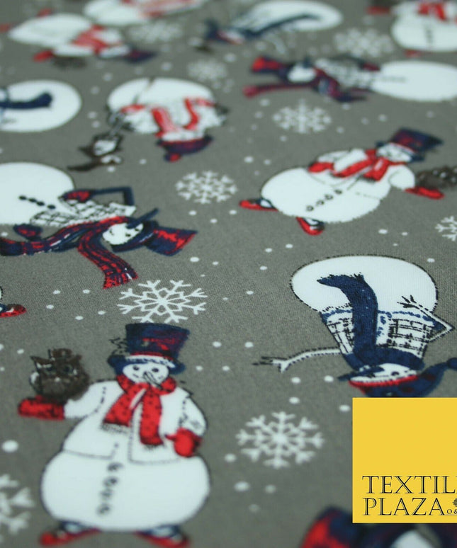 Winter Festive Snowman Snow Christmas Printed Poly Cotton Fabric Polycotton 45"