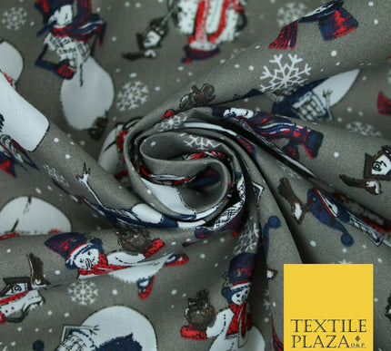 Winter Festive Snowman Snow Christmas Printed Poly Cotton Fabric Polycotton 45"