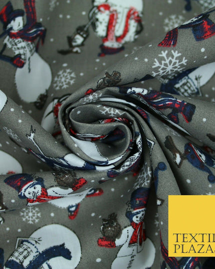 Winter Festive Snowman Snow Christmas Printed Poly Cotton Fabric Polycotton 45"