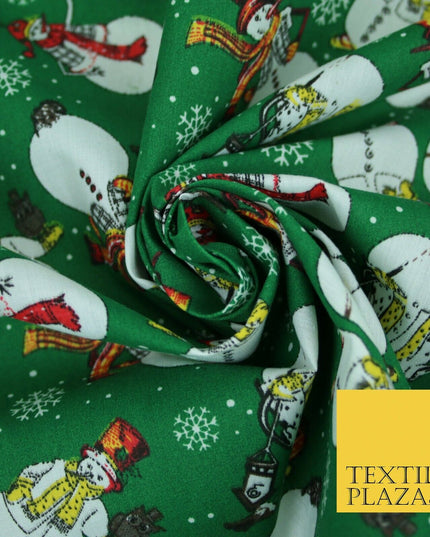 Winter Festive Snowman Snow Christmas Printed Poly Cotton Fabric Polycotton 45"