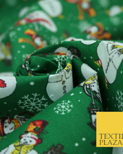 Winter Festive Snowman Snow Christmas Printed Poly Cotton Fabric Polycotton 45"