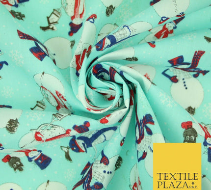 Winter Festive Snowman Snow Christmas Printed Poly Cotton Fabric Polycotton 45"