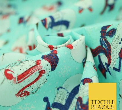 Winter Festive Snowman Snow Christmas Printed Poly Cotton Fabric Polycotton 45"