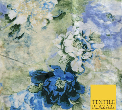 Luxury WHITE BLUE Garden Fresh Floral Digital Print Ice Velvet Fabric 58" 1484