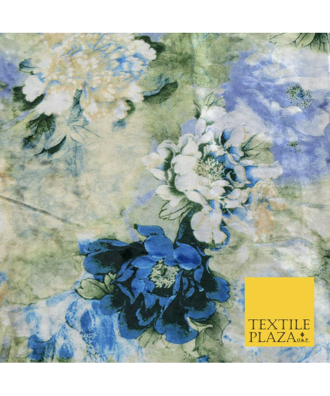 Luxury WHITE BLUE Garden Fresh Floral Digital Print Ice Velvet Fabric 58" 1484