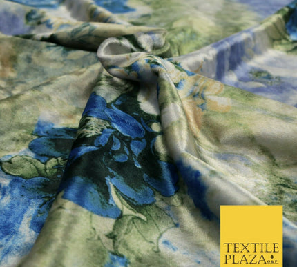 Luxury WHITE BLUE Garden Fresh Floral Digital Print Ice Velvet Fabric 58" 1484