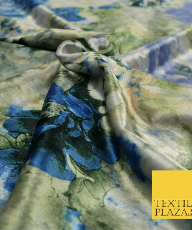 Luxury WHITE BLUE Garden Fresh Floral Digital Print Ice Velvet Fabric 58" 1484