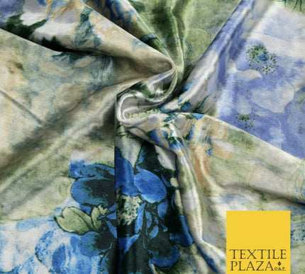 Luxury WHITE BLUE Garden Fresh Floral Digital Print Ice Velvet Fabric 58" 1484