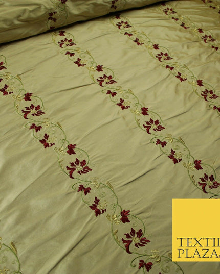 Luxury Cinnamon Gold Floral Garland Border Embroidered 100% PURE SILK Fabric4562