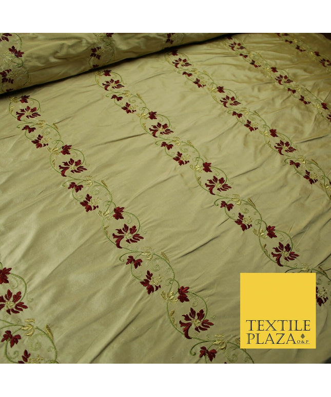 Luxury Cinnamon Gold Floral Garland Border Embroidered 100% PURE SILK Fabric4562