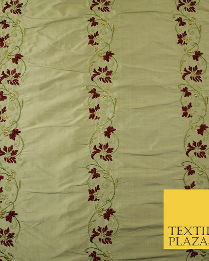 Luxury Cinnamon Gold Floral Garland Border Embroidered 100% PURE SILK Fabric4562