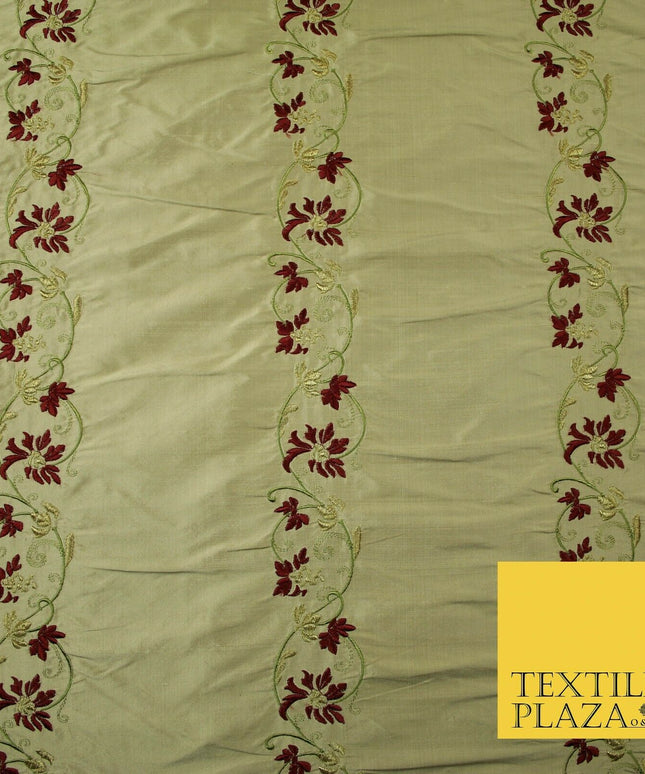 Luxury Cinnamon Gold Floral Garland Border Embroidered 100% PURE SILK Fabric4562