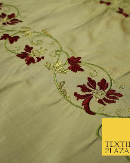 Luxury Cinnamon Gold Floral Garland Border Embroidered 100% PURE SILK Fabric4562