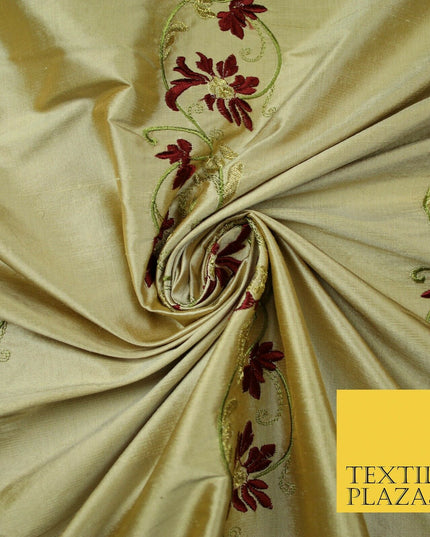 Luxury Cinnamon Gold Floral Garland Border Embroidered 100% PURE SILK Fabric4562
