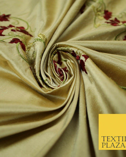 Luxury Cinnamon Gold Floral Garland Border Embroidered 100% PURE SILK Fabric4562