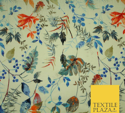Leafy Flower Berries Summer Luxury 100% Pure Printed Floral Cotton Linen Fabric