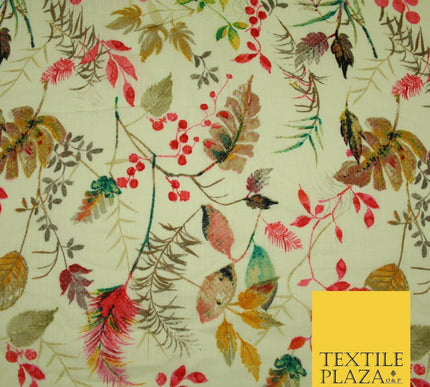 Leafy Flower Berries Summer Luxury 100% Pure Printed Floral Cotton Linen Fabric