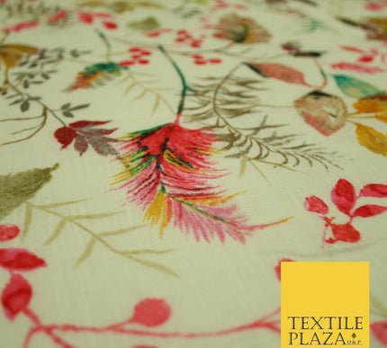 Leafy Flower Berries Summer Luxury 100% Pure Printed Floral Cotton Linen Fabric