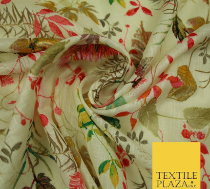 Leafy Flower Berries Summer Luxury 100% Pure Printed Floral Cotton Linen Fabric