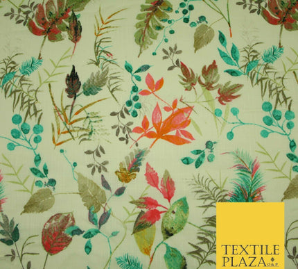 Leafy Flower Berries Summer Luxury 100% Pure Printed Floral Cotton Linen Fabric