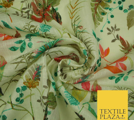 Leafy Flower Berries Summer Luxury 100% Pure Printed Floral Cotton Linen Fabric