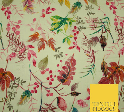 Leafy Flower Berries Summer Luxury 100% Pure Printed Floral Cotton Linen Fabric