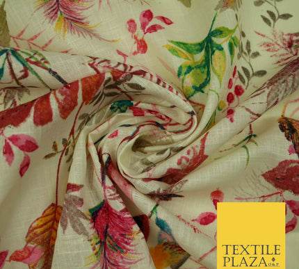 Leafy Flower Berries Summer Luxury 100% Pure Printed Floral Cotton Linen Fabric