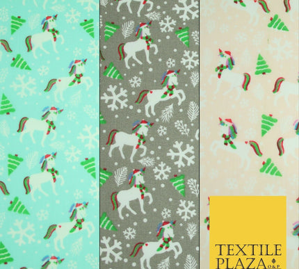 Christmas Unicorn Trees Snowflakes Printed Poly Cotton Fabric Polycotton 45"