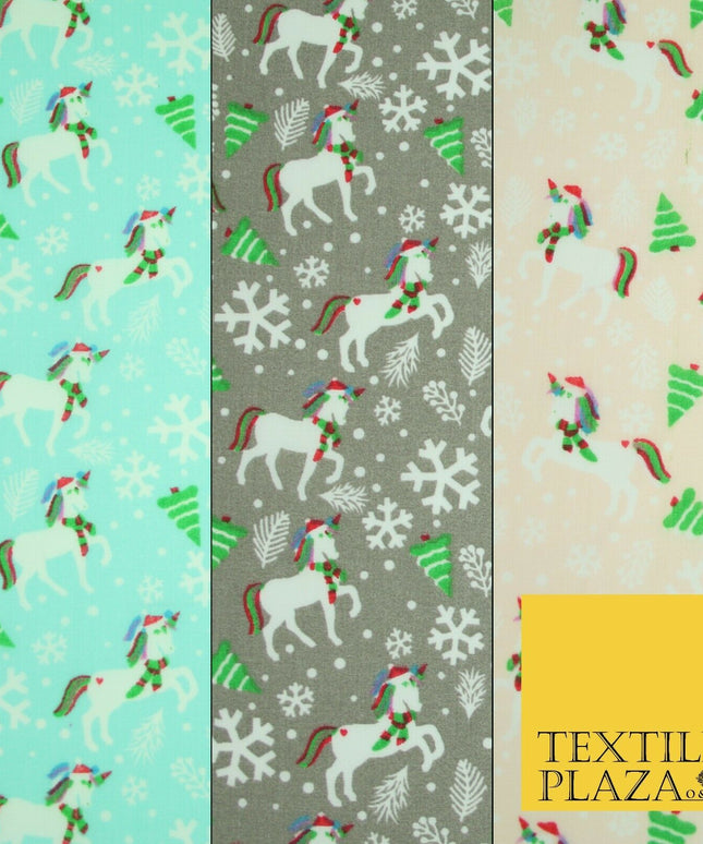 Christmas Unicorn Trees Snowflakes Printed Poly Cotton Fabric Polycotton 45"