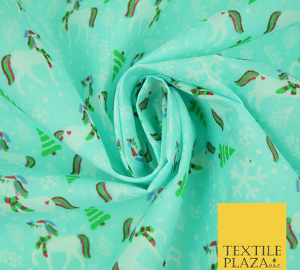 Christmas Unicorn Trees Snowflakes Printed Poly Cotton Fabric Polycotton 45"