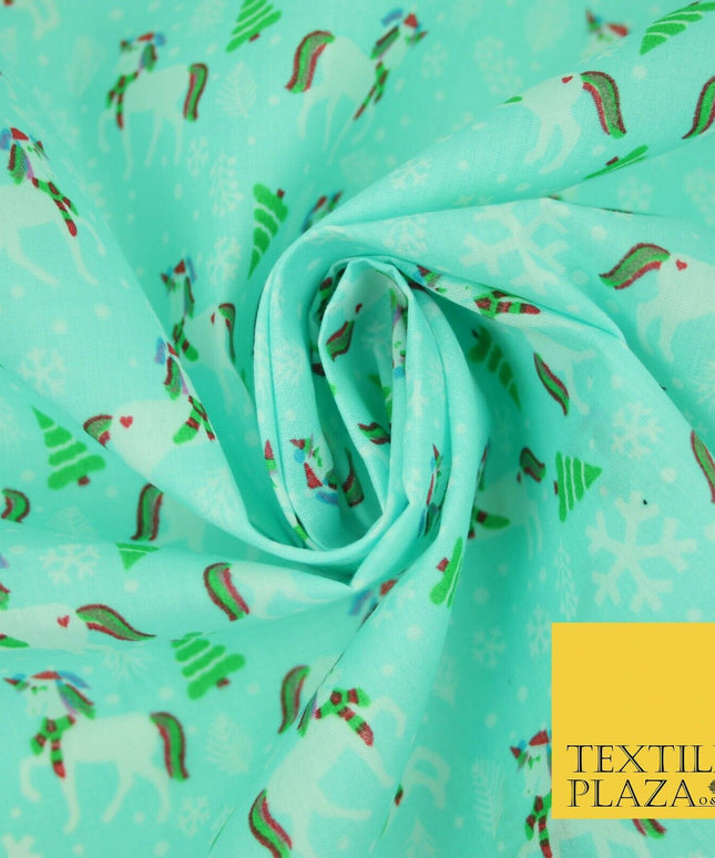 Christmas Unicorn Trees Snowflakes Printed Poly Cotton Fabric Polycotton 45"