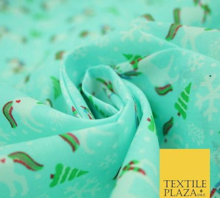 Christmas Unicorn Trees Snowflakes Printed Poly Cotton Fabric Polycotton 45"