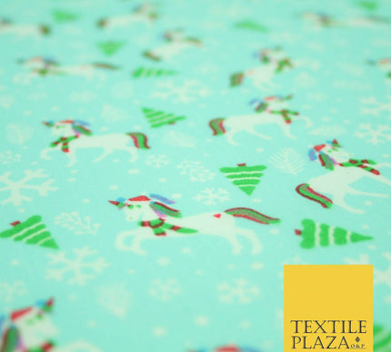 Christmas Unicorn Trees Snowflakes Printed Poly Cotton Fabric Polycotton 45"
