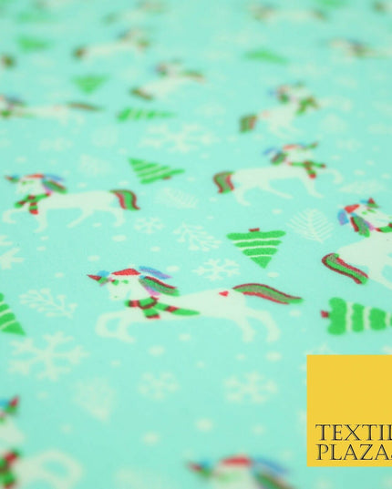 Christmas Unicorn Trees Snowflakes Printed Poly Cotton Fabric Polycotton 45"