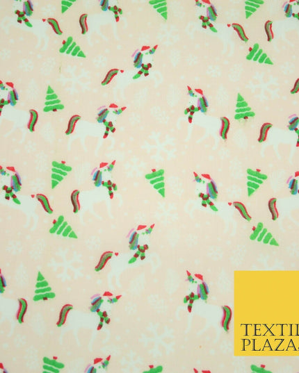 Christmas Unicorn Trees Snowflakes Printed Poly Cotton Fabric Polycotton 45"