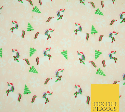 Christmas Unicorn Trees Snowflakes Printed Poly Cotton Fabric Polycotton 45"