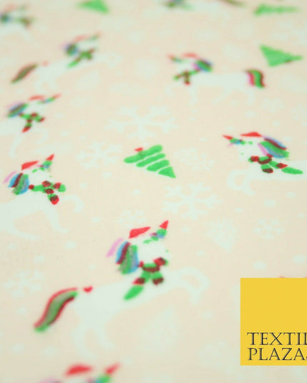 Christmas Unicorn Trees Snowflakes Printed Poly Cotton Fabric Polycotton 45"