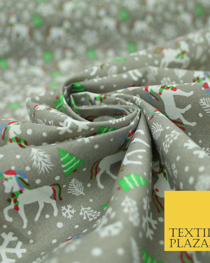 Christmas Unicorn Trees Snowflakes Printed Poly Cotton Fabric Polycotton 45"